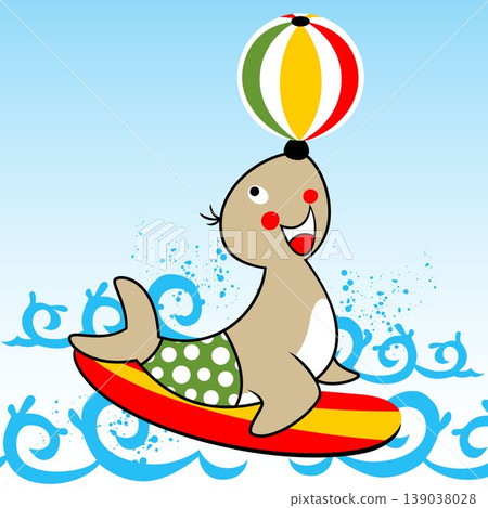 vector cartoon of seals playing ball on surfboard in the beach vector cartoon of seals playing ball on surfboard in the beach 139038028