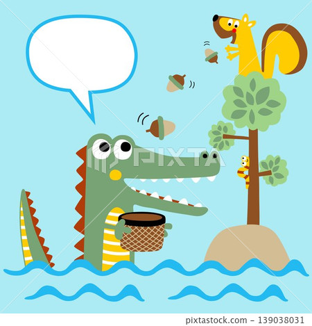 vector cartoon of squirrels on tree give oak nuts to crocodile in water 139038031