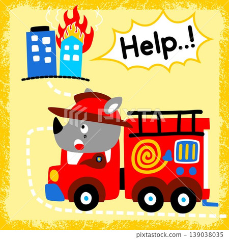 vector cartoon of cute rhino on firetruck with burning buildings 139038035