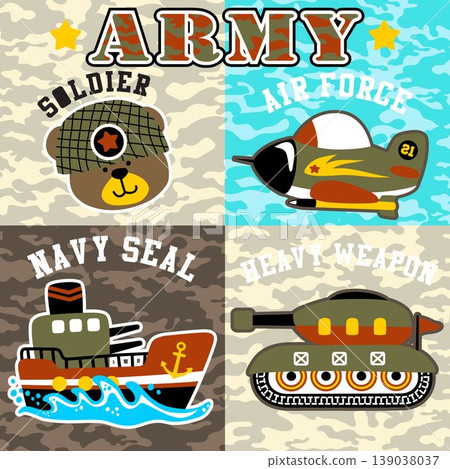 vector cartoon of cute bear army with military vehicles on camouflage background 139038037