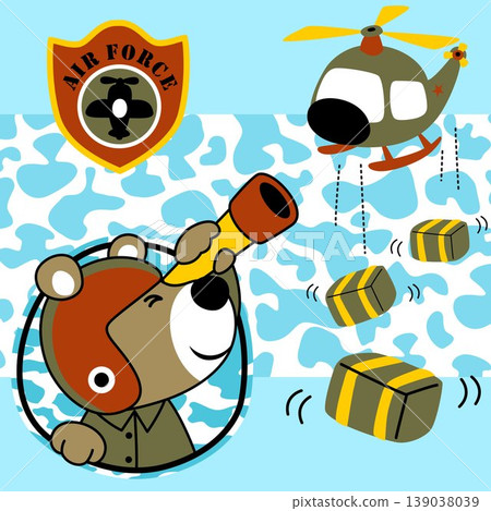 vector cartoon of cute army bear holding binocular with military helicopter logistic supplier, military logo vector cartoon of cute army bear holding binocular with military helicopter logistic supplier, military logo 139038039
