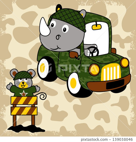 vector cartoon of rhinoceros driving military vehicle with a little mouse in military barrier vector cartoon of rhinoceros driving military vehicle with a little mouse in military barrier 139038046
