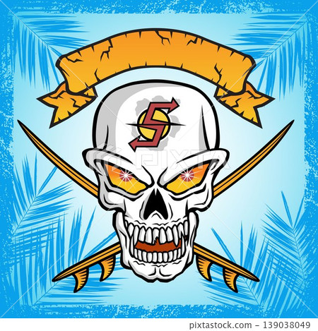vector illustration of skull with two surfboards and ribbon on palm tree leaves background vector illustration of skull with two surfboards and ribbon on palm tree leaves background 139038049