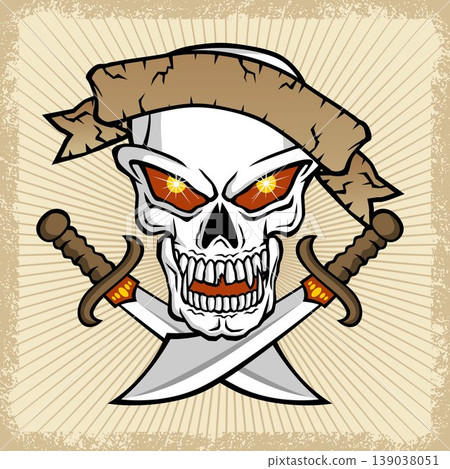 vector illustration of skull with ribbon and twin swords on grunge frame border vector illustration of skull with ribbon and twin swords on grunge frame border 139038051