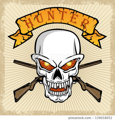 vector illustration of skull and ribbon with two weapons on grunge frame border vector illustration of skull and ribbon with two weapons on grunge frame border 139038052