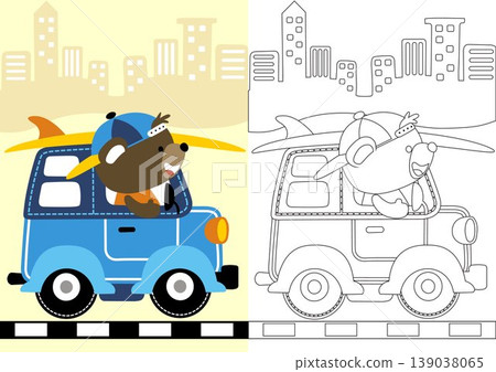 vector cartoon of cute bear driving car loading surfboard on buildings background, coloring book or page vector cartoon of cute bear driving car loading surfboard on buildings background, coloring book or page 139038065