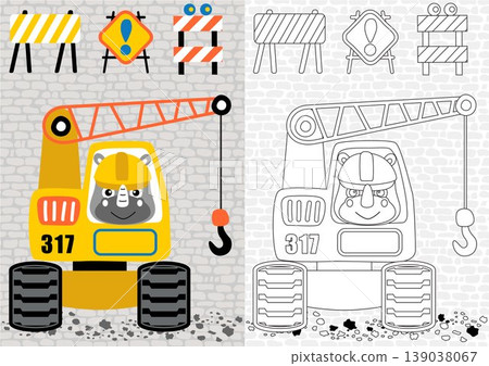 vector cartoon of rhinoceros driving construction vehicle with construction signs, coloring book or page 139038067