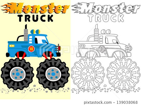 vector cartoon of monster truck, coloring book or page 139038068