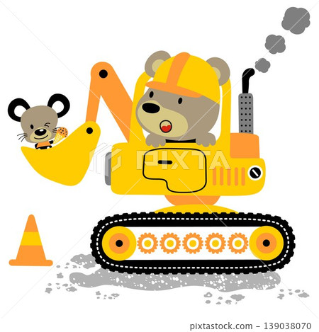 Cute bear with little mouse on construction vehicle, vector cartoon illustrations 139038070
