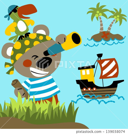 Vector cartoon of cute bear in pirate costume with parrot, sailboat in the sea. Pirate element illustration 139038074