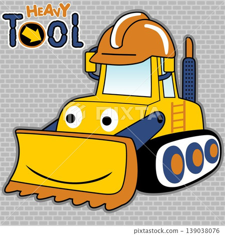 vector cartoon of funny bulldozer wearing helmet worker on bricks background vector cartoon of funny bulldozer wearing helmet worker on bricks background 139038076