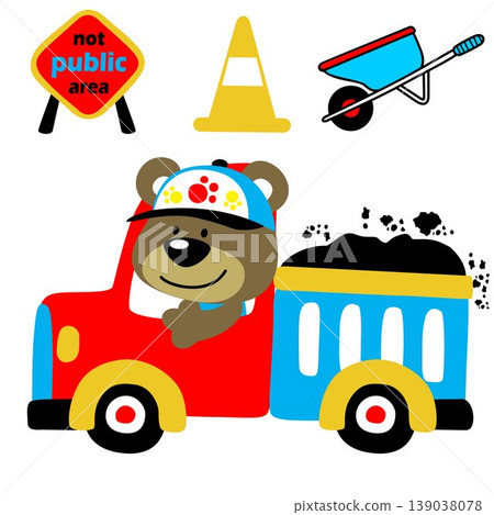Cute bear driving truck with construction elements, vector cartoon illustration 139038078