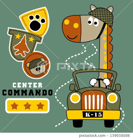 vector cartoon of cute giraffe soldier driving military jeep with military elements 139038086