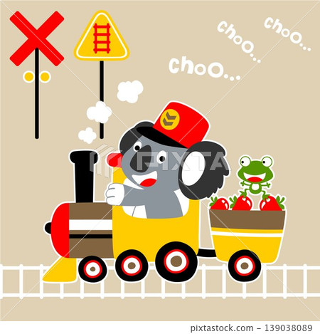 Funny koala and frog on steam train loading fruits, locomotive element, vector cartoon illustration Funny koala and frog on steam train loading fruits, locomotive element, vector cartoon illustration 139038089