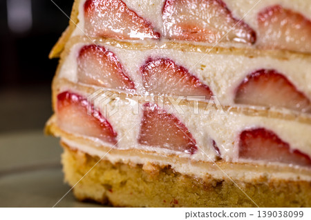 A close-up of an exquisite Japanese strawberry cream mille-feuille cake 139038099