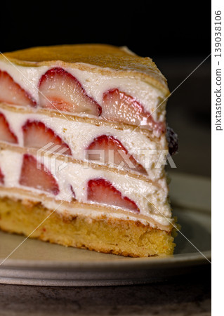 A close-up of an exquisite Japanese strawberry cream mille-feuille cake A close-up of an exquisite Japanese strawberry cream mille-feuille cake 139038106
