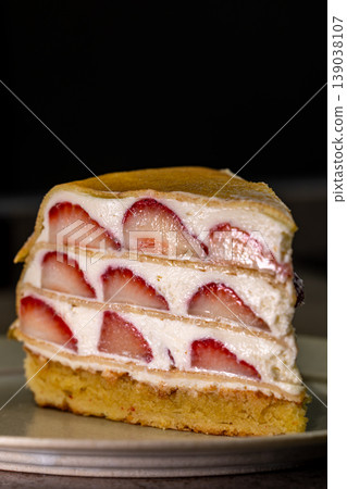 A close-up of an exquisite Japanese strawberry cream mille-feuille cake 139038107