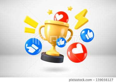 Golden cup with social media icons. 3d vector illustration Golden cup with social media icons. 3d vector illustration 139038127