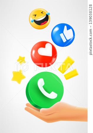 Hand holding telephone app icon icons falling down. 3d vector illustration Hand holding telephone app icon icons falling down. 3d vector illustration 139038128