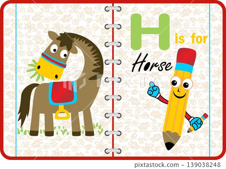 Funny horse with smiling pencil on note book background, vector cartoon illustration Funny horse with smiling pencil on note book background, vector cartoon illustration 139038248