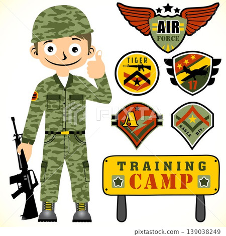 Young soldier holding weapon with set of military logo, vector cartoon illustration Young soldier holding weapon with set of military logo, vector cartoon illustration 139038249
