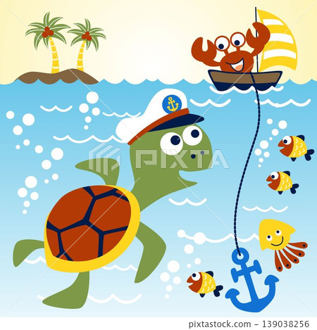 Marine animals cartoon, turtle wearing sailor cap, funny crab on sailboat, vector cartoon illustration Marine animals cartoon, turtle wearing sailor cap, funny crab on sailboat, vector cartoon illustration 139038256