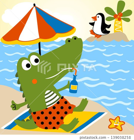 Funny crocodile vacation in the beach, little penguin in small island, vector cartoon illustration Funny crocodile vacation in the beach, little penguin in small island, vector cartoon illustration 139038258