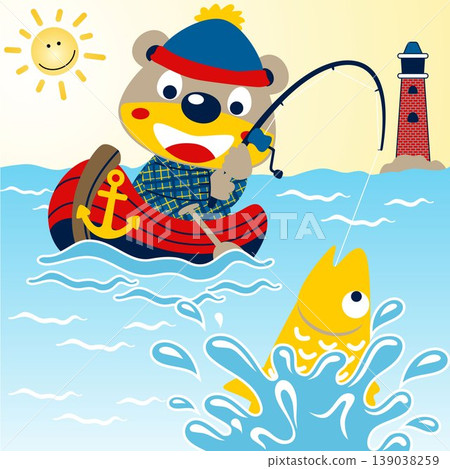Cute bear in fishing, lighthouse in the sea, smiling sun, vector cartoon illustration Cute bear in fishing, lighthouse in the sea, smiling sun, vector cartoon illustration 139038259