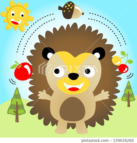 Funny hedgehog juggling fruits, pine trees with smiling sun, vector cartoon illustration Funny hedgehog juggling fruits, pine trees with smiling sun, vector cartoon illustration 139038260