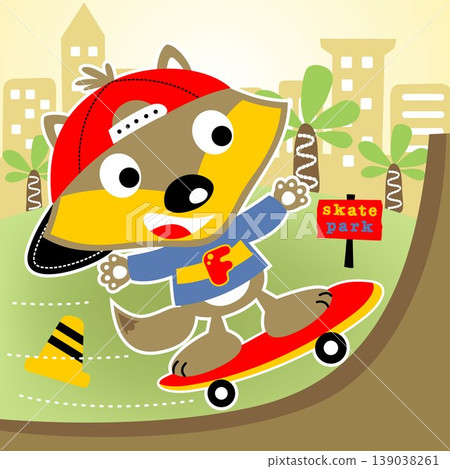 little fox playing skateboard in skate park on buildings background, vector cartoon illustration 139038261