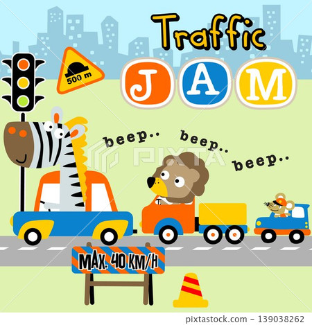 Funny animals driving car in city road, urban traffic elements, vector cartoon illustration Funny animals driving car in city road, urban traffic elements, vector cartoon illustration 139038262