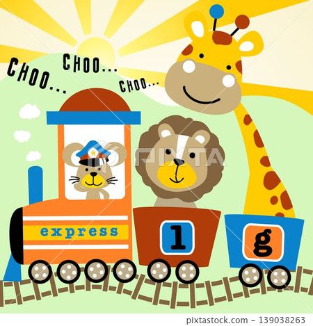 Funny animals on steam train, little mouse the machinist with lion and giraffe on wagon, vector cartoon illustration Funny animals on steam train, little mouse the machinist with lion and giraffe on wagon, vector cartoon illustration 139038263