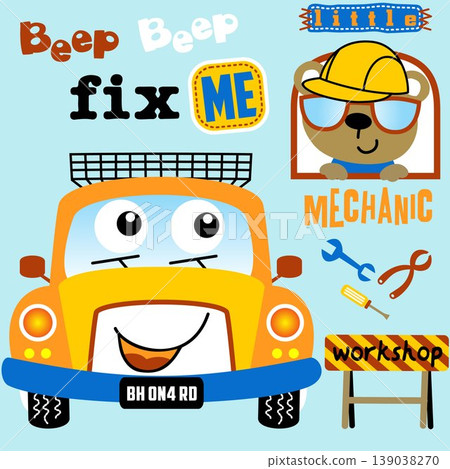 funny bear with funny car, auto repair shop elements, vector cartoon illustration funny bear with funny car, auto repair shop elements, vector cartoon illustration 139038270