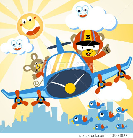 Vector cartoon of funny bear and mice on airplane, group of birds flying on buildings background, smiling skies object Vector cartoon of funny bear and mice on airplane, group of birds flying on buildings background, smiling skies object 139038271