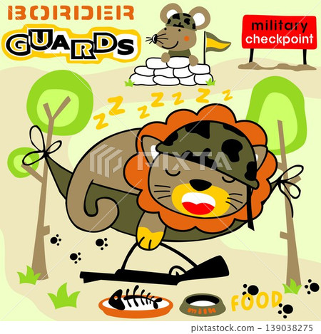 Funny animals in military camp, lion sleeping in hummock, little mouse in checkpoint, vector cartoon illustration Funny animals in military camp, lion sleeping in hummock, little mouse in checkpoint, vector cartoon illustration 139038275