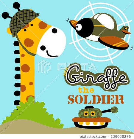 Funny giraffe wearing military helmet with military vehicle, vector cartoon illustration Funny giraffe wearing military helmet with military vehicle, vector cartoon illustration 139038276