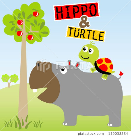 Cute turtle ride on hippo's back, fruit tree, vector cartoon illustration Cute turtle ride on hippo's back, fruit tree, vector cartoon illustration 139038284