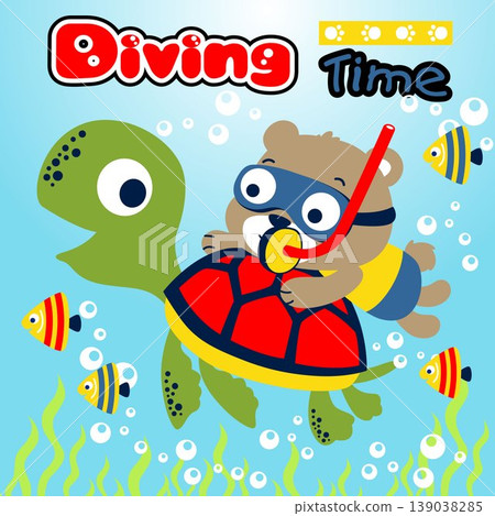 Cute bear diving with turtle and fishes, vector cartoon illustration Cute bear diving with turtle and fishes, vector cartoon illustration 139038285