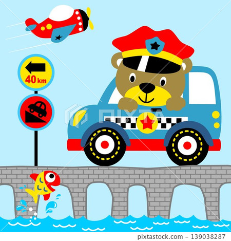 Funny bear police car with road sign on bridge, airplane take off, little fish jump out from water, vector cartoon illustration 139038287
