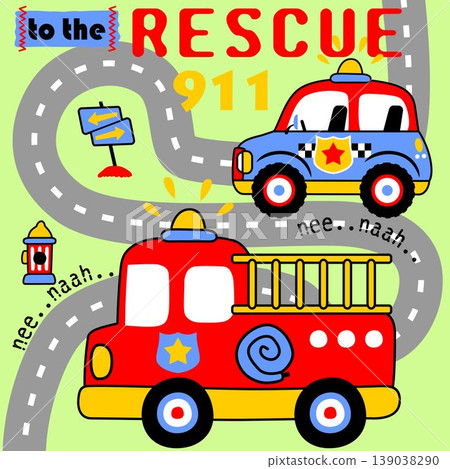 Rescue vehicle in the road, vector cartoon illustration Rescue vehicle in the road, vector cartoon illustration 139038290