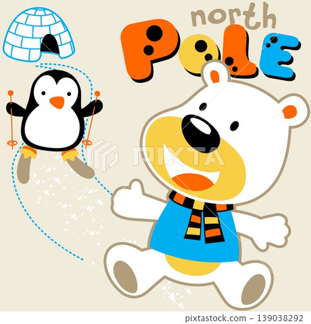 Funny polar bear, cute penguin skiing, igloo, vector cartoon illustration Funny polar bear, cute penguin skiing, igloo, vector cartoon illustration 139038292