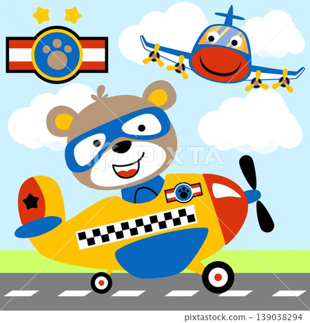 Cute bear on airplane, smiling plane flying, airport runway, vector cartoon illustration 139038294