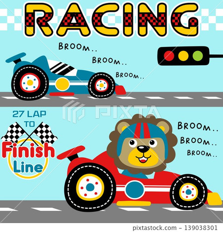 Cute lion on racing car, race car championship elements, vector cartoon illustration Cute lion on racing car, race car championship elements, vector cartoon illustration 139038301