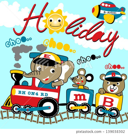 Funny animals on steam train with smiling sun, airplane flying on clouds background, vector cartoon illustration Funny animals on steam train with smiling sun, airplane flying on clouds background, vector cartoon illustration 139038302