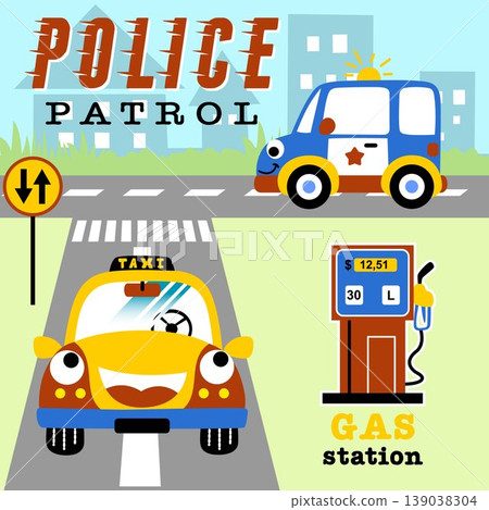 Funny cars in city road, city traffic elements, vector cartoon illustration Funny cars in city road, city traffic elements, vector cartoon illustration 139038304
