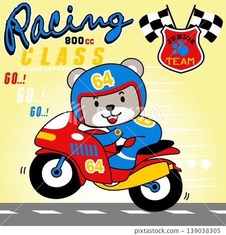Cute bear riding racing bike, vector cartoon illustration 139038305