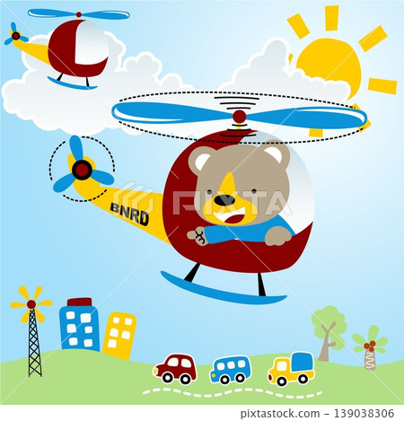Cute bear on helicopter flying across small town, vector cartoon illustration 139038306