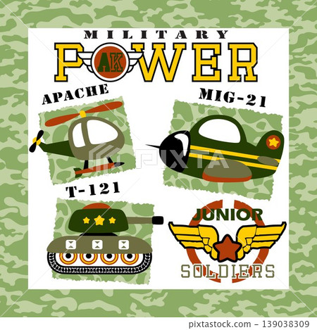 Set of armored vehicle with military element on camouflage frame border, vector cartoon illustration Set of armored vehicle with military element on camouflage frame border, vector cartoon illustration 139038309