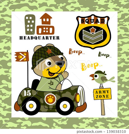 Cute cat driving military vehicle with little bird on camouflage frame border, vector cartoon illustration Cute cat driving military vehicle with little bird on camouflage frame border, vector cartoon illustration 139038310