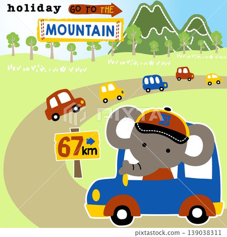 Funny elephant driving car, vehicles in road trip to mountains, vector cartoon illustration Funny elephant driving car, vehicles in road trip to mountains, vector cartoon illustration 139038311